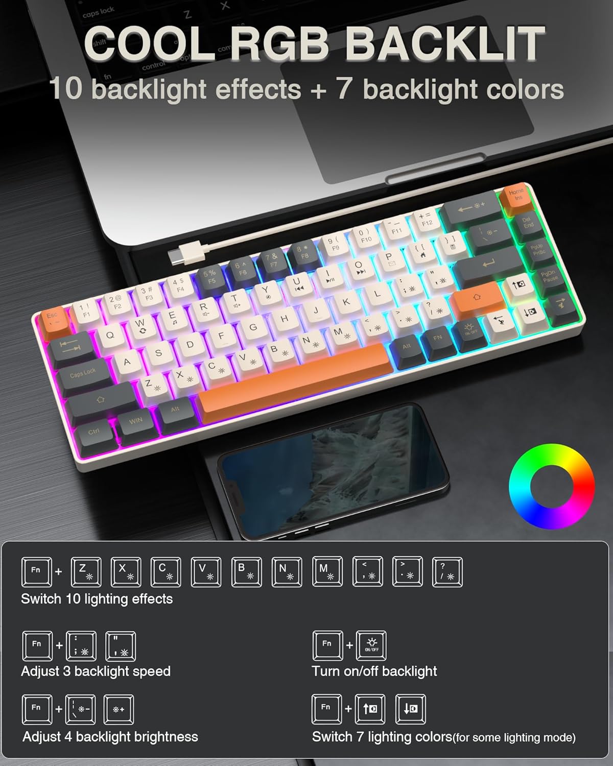 60% Gaming Keyboard,Small Keyboard USB-C Wired,Compact Mini Teclado Gamer,68 Keys RGB Backlit Portable Membrane Keyboards for Business Trips,Office,PC Games (SK968,White)
