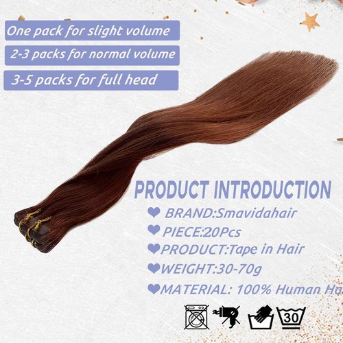 Tape in Hair Extensions Human Hair Seamless Skin Weft Silk Straight Mapel Leaf Red Colored Hair Extensions 20pcs 50g/pack Invisible Adhesive Tape on 100% Remy Hair Extensions(20Inch #33 Dark Auburn)