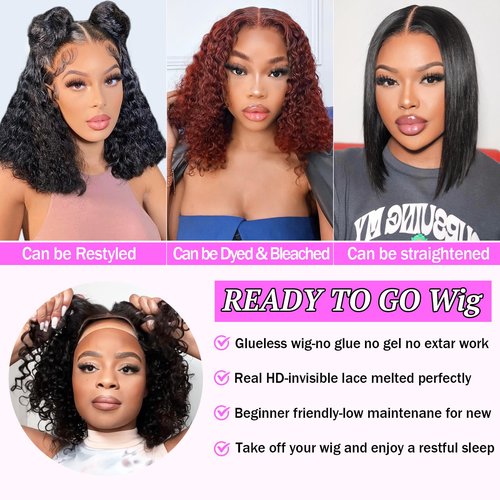 Put On and Go Glueless Wigs Human Hair Pre Plucked Pre Cut Lace Closure Wigs for Black Women 200% Density Glueless Deep Curly Bob Wig Human Hair 30 Seconds Install for Beginners Natural Color 14 Inch
