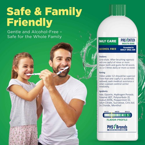 Prevention Daily Care Alcohol-Free Mouthwash, Hydrogen Peroxide Teeth Whitening with Soothing Fresh Mint for Bad Breath Treatment, Fluoride-Free Gum Care Oral Mouth Rince 16 oz 12 Pack