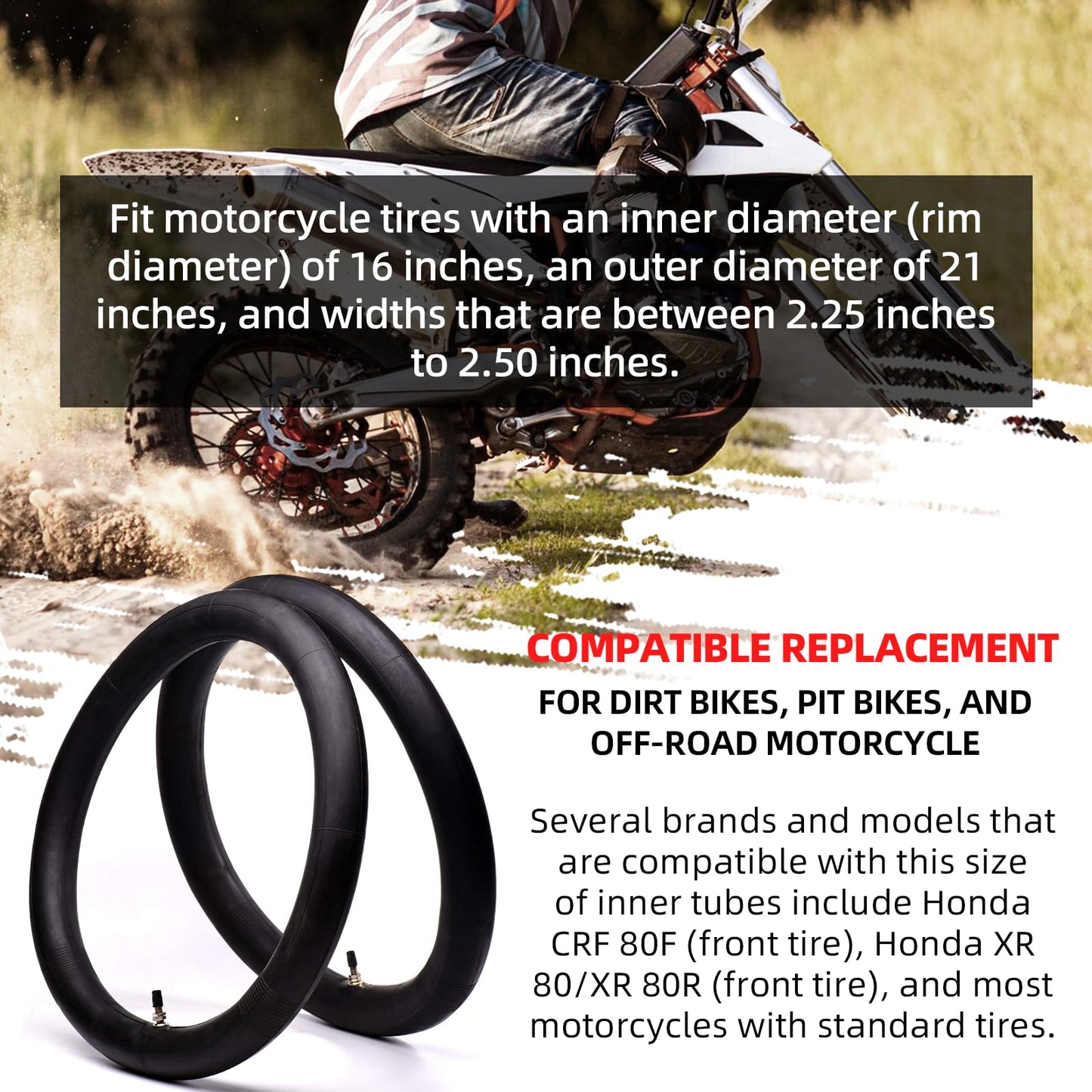 (2 Pack) AR-PRO 2.25/2.50-16” Off-Road Motorcycle Inner Tubes with TR4 Valve Stem - 70/90-16 Motorcycle Tire Replacement Inner Tubes - Compatible with Dirt Bikes, Pit Bikes, and Off-Road Motorcycles