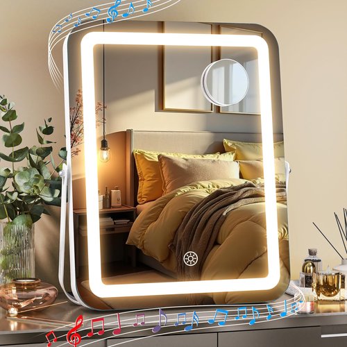 MINISO Vanity Mirror with Lights and Bluetooth Speaker, 10.6" x 13.8" LED Makeup Mirror, Light & Brightness Smart Sensor, Aluminum Alloy Metal White Frame, with 10X Magnifying Glass