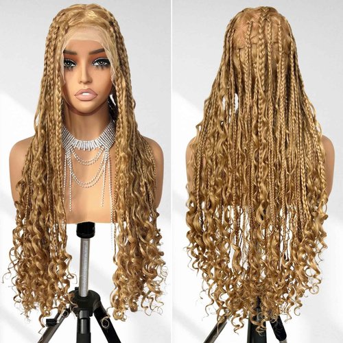 FABÉLLE 32 Inch Triangle Knotless Braided Wig for African American Women Boho Ggoddess Box Braid Wig Honey Blonde Single Full Lace Braid Wigs