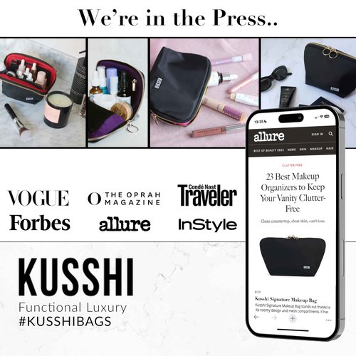 KUSSHI Washable Travel Makeup & Cosmetic Bag - Brush Organizer Sold Separately (Signature, Satin Black/Pink)