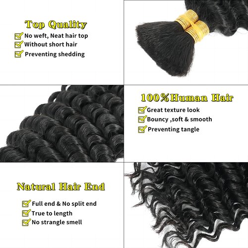Curly Human Braiding Hair for Boho Braids Bohemian Deep Wave Bulk 100% Human Hair for Micro Braiding Hair Wet and Wavy Boho Knotless Braids Hair No Weft 2 Bundles