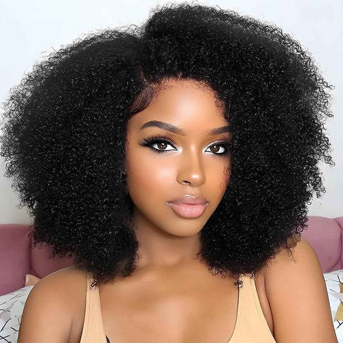 ijoy Kinky Curly Wig Human Hair 13x4 Lace Front Wigs 180 Density, 14 Inch Pre Plucked Afro Curly Human Hair Wig for Women, Natural Black, 4a/4b, Full and Thick(14inch)
