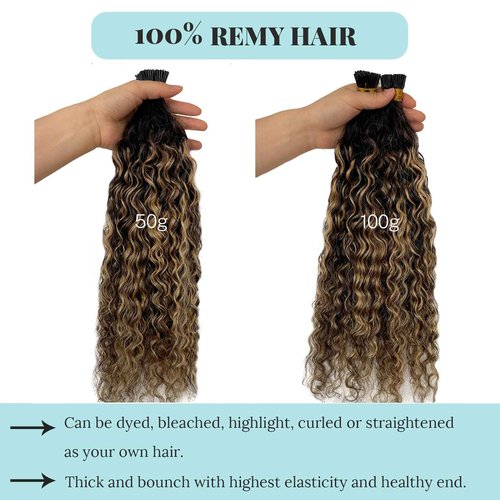 Curly I Tip Hair Extensions, Highlights I Tip Human Hair Extensions Natural Black Highlight Honey Blonde Human Hair Water Wave I Tip Extension Remy Human Hair Add Volume and length 28Inch 50g 1g/s
