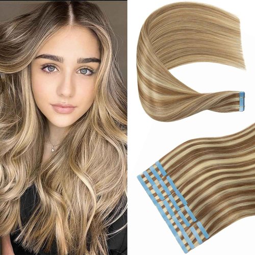 Tape in Hair Extensions Human Hair, Hair Extensions 18 Inch 20pcs 6p613 Remy Straight Human Hair Tape in Extensions Skin Weft Tape Extensions Human Hair