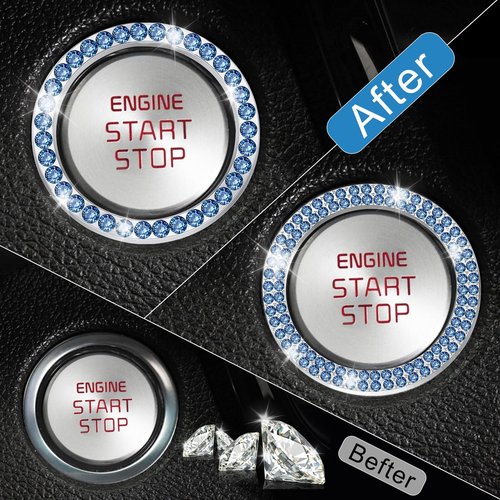 LivTee 2 PCS Crystal Combinatorial Rhinestone Car Engine Start Decoration Ring, Push to Start Button Cover Sticker, Bling Car Interior Accessories for Women, Automotive Decals, Light Blue