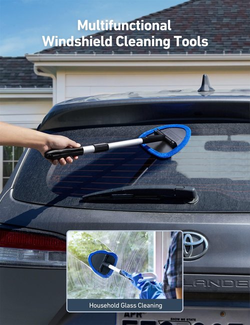 AstroAI Windshield Cleaner Tool, Car Interior Detailing Cleaning Kit with Extendable Handle and 4 Reusable Microfiber Pads, Auto Glass Wiper Brush Kit for Cars, Blue，15.9in-21in
