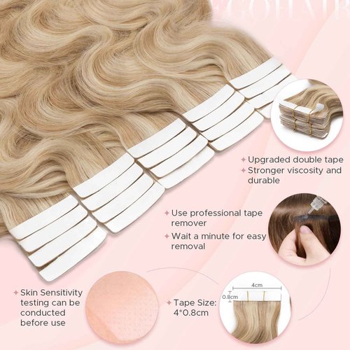 SEGOHAIR Wavy Tape In Hair Extensions Real Human Hair with Double-Sided Adhesive Professional Hair Extensions for Women 40pcs Body Wave 18 Inches Dark Blond Mixed Bleach Blond