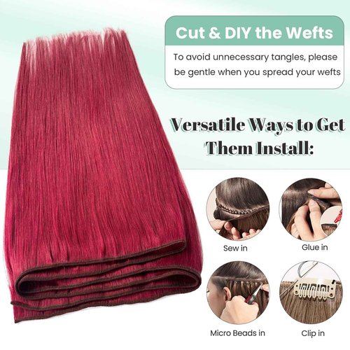 Burgundy Sew in Hair Extensions Real Human Hair Wefts, 22 Inch 120G Full Head Double Weft Burgundy Hair Weft Extensions Hand Tied Natural Straight Human Hair Sew in Extensions for Women