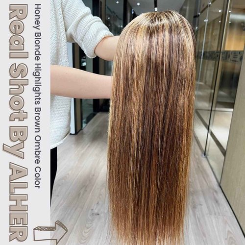 ALHER Honey Blonde Highlight Small Cap 13x4 Lace Front Human Hair Wigs Pre Plucked with Baby Hair Straight 4/27 Balayage Color Transparent Lace Frontal Wig Soft Thick 12A Brazilian Remy Hair 14 Inch