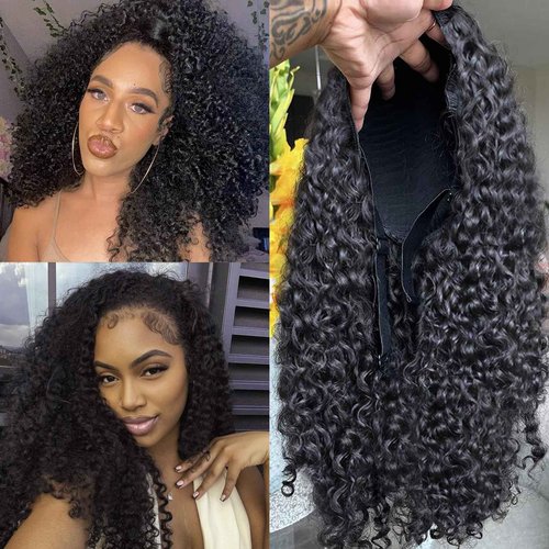 BLG Burmese Curly Half Wig Human Hair 300% Density 3 In 1 Human Hair Half Wigs for Women 16 Inch Curly Seamless Wear and Go Glueless Drawstring Wig Natural Color Quick Install Beginners Friendly Wigs