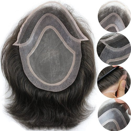 Voloria Men Hairpiece Real French Lace Human Hair Replacement for Men Wig Thin Skin Men's Toupee #4 brown Color