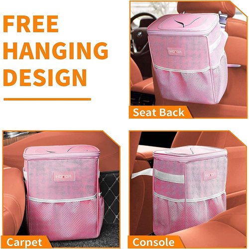 HOTOR Car Trash Can with Lid and Storage Pockets - 100% Leak-Proof Organizer, Waterproof Garbage Can, Multipurpose Trash Bin for Car, 2 Gallons, Pink