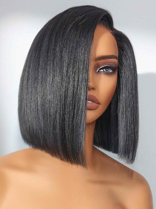 LUVME HAIR Bob Wig 100% Human Hair Wigs Glueless Lace Front 200% Density 10 Inches Bob, Pre Cut Plucked Lace Short Wig Ready To Go Natural Color Straight Bleached Knots Side Part Black Wigs