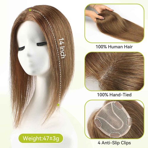 RSY Medium Brown Hair Toppers for Women with Thinning Hair, 100% Real Human Hair Pieces for Women, 5"*5" Mono Top 14 Inch Clip in Extensions with No Bangs