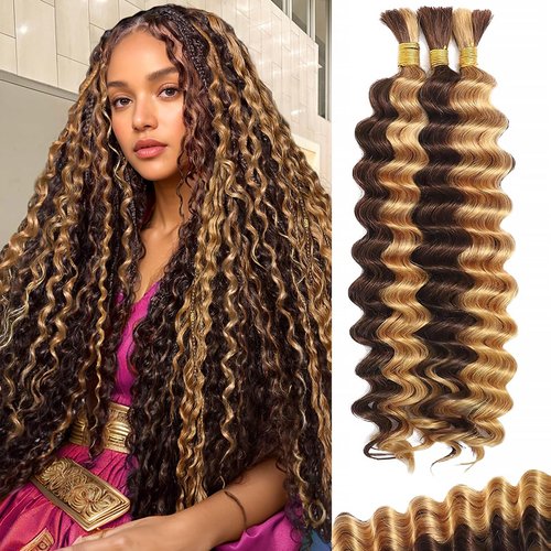 CIFENDIN Human Braiding Hair for Boho Braids 22 Inch 110g Color 4/27 Highlight Balayage Deep Wave Boho Bulk Human Hair for Braiding Knotless 12A Curly Wet and Wavy Bohemian Braids No Weft 3 Bundles