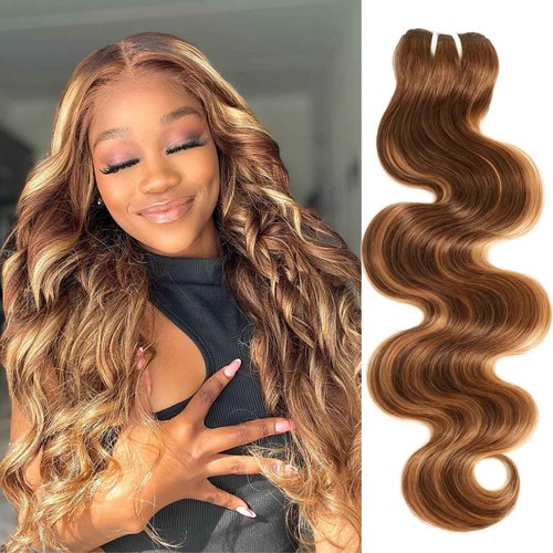 HERMOUS 13A Double Drawn Honey Blonde Highlight Thick Body Wave Bundles Raw Human Hair 20 Inch, Shed Free Ombre Brown Soft 100% Raw Human Hair Single Bundles Colored P4/27 Quick Weave