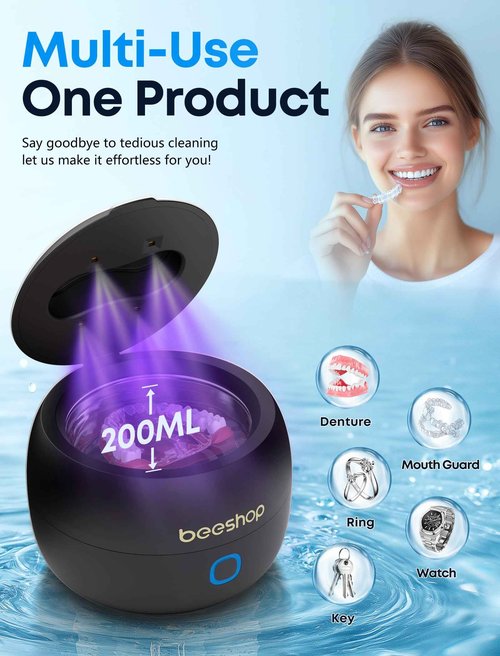 BEESHOP Ultrasonic Retainer Cleaner - 45kHz Retainer Cleaner Machine for Dentures, Mouth Guards, Night Guard, Braces, Aligner, Jewelry, 3 Modes Denture Cleaner & 200ML Dental Cleaning Pod (Black)