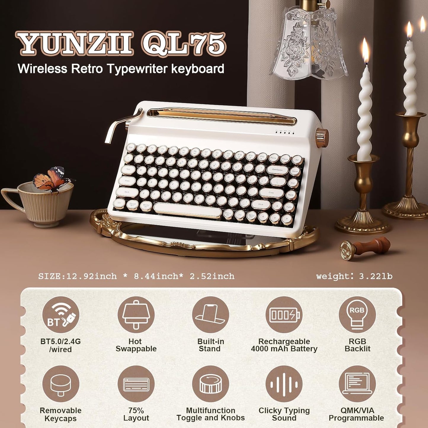 YUNZII QL75 Wireless Typewriter Hot Swap Retro Mechanical Keyboard,Punk Round Keycaps,RGB Backlit QMK/VIA Programmable, Multi-Device Keyboard with 2.4GHz/Type-C/BT5.0 (White, Onyx Switch)