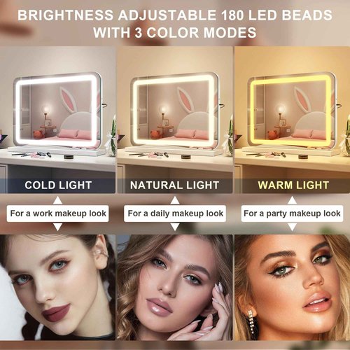 STARLEAD 22.8" x 18.2" Makeup Mirror with Lights and 10X Magnification, 3-Color Dimmable LED Lighting & Touch Control, USB Charging Port for Travel/Dressing Room