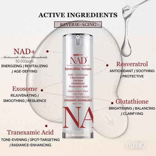 TSJ Bio NAD+ Brilliant Brightening Serum - Advanced Formula with NAD+ 50,000PPM, Resveratrol, Exosomes, Glutathione & Tranexamic Acid