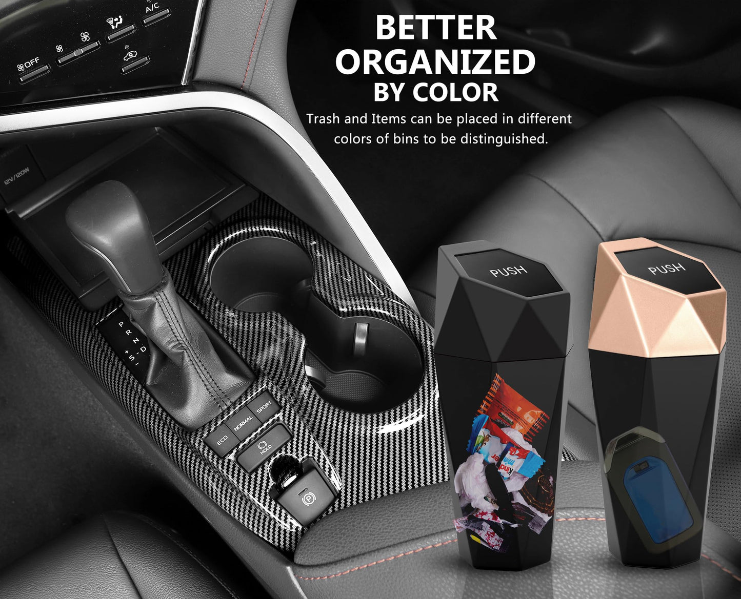 Ginsco Car Trash Can Cup Holder, 2 Pack Mini Car Trash Can with Lid, Car Accessories for Interior, Leakproof Small Trash Cup for Car, Home with Additional 2 ABS Hooks and 90pcs Trash Bags Black Golden