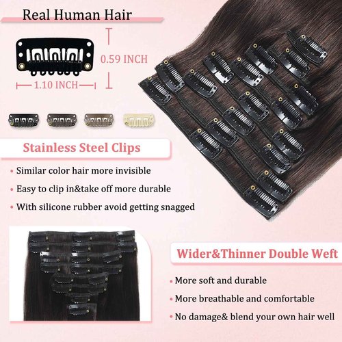 Clip in Hair Extensions Real Human Hair Clip in Extensions for Women Seamless Invisible Dark Brown Natural Remy 100% Human Clips ins Extension 8pcs Double Weft 18 inch 3.5oz/100g