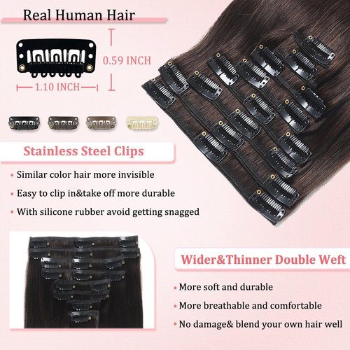 Clip in Hair Extensions Real Human Hair Clip in Extensions for Women Seamless Invisible Dark Brown Natural Remy 100% Human Clips ins Extension 8pcs Double Weft 20 inch 3.7oz/105g