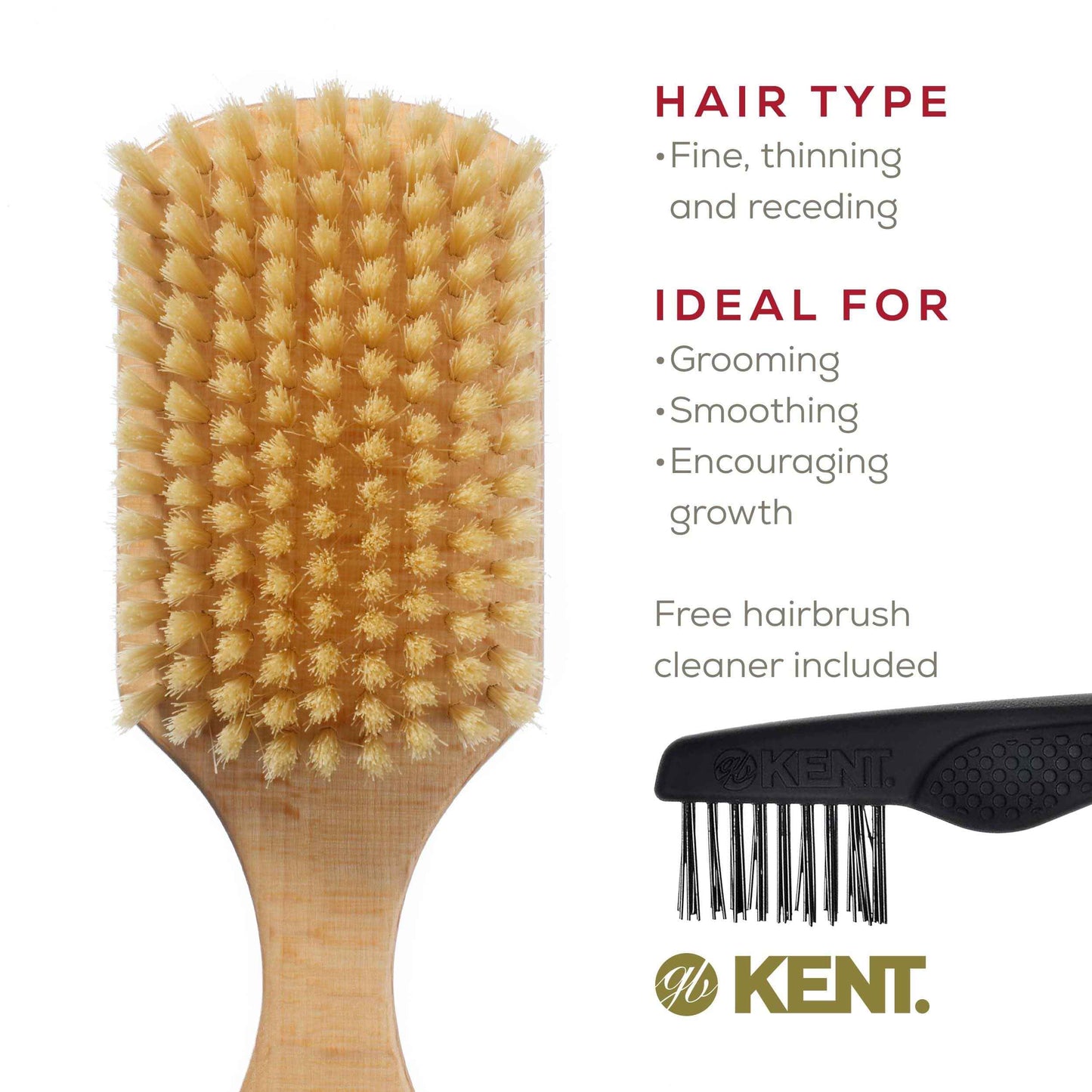 Kent OS11 Satinwood Military Club Hair Brush & Beard Brush – Soft White Boar Bristles for Fine or Thinning Hair, Recommended for Sensitive Scalp and Hair Loss, Men's Grooming, and Beard Care