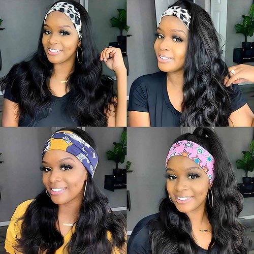 Fylora Headband Wig Human Hair Body Wave 24 Inch Headband Wigs for Black Women Brazilian Virgin Hair Wear and Go Glueless Wig None Lace Front Wigs for Beginners 150% Density Natural Black Color