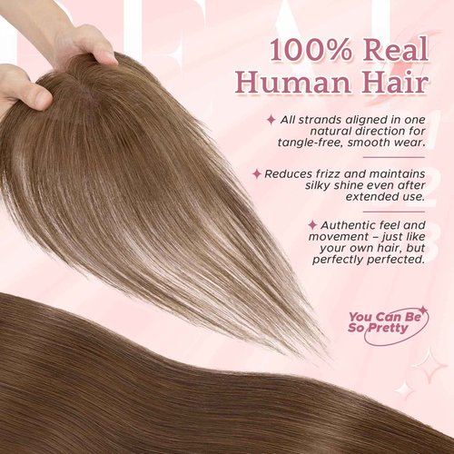 SEGOHAIR Hair Toppers for Women Real Human Hair with Bangs 360°Cover 3D Clips 2.76"x4.33" Breathable Lace Base 11 Inches Lightweight Hairpieces Curtain Bangs Medium Brown