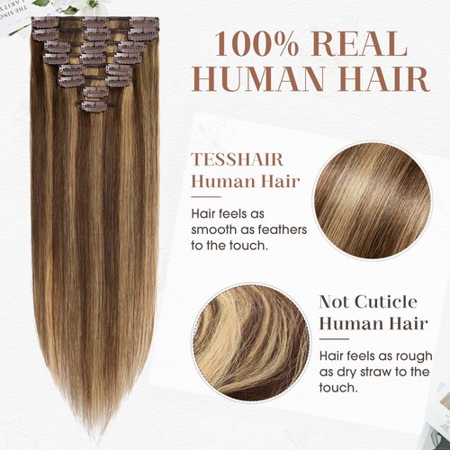 TESSHAIR Clip in Hair Extensions Real Human Hair 16 Inch Human Hair Clip in Extensions Medium Brown & Dark Blonde Hair Extensions Clip ins Double Weft 100% Real Human Hair Extensions 8 PCS 65g #4P27