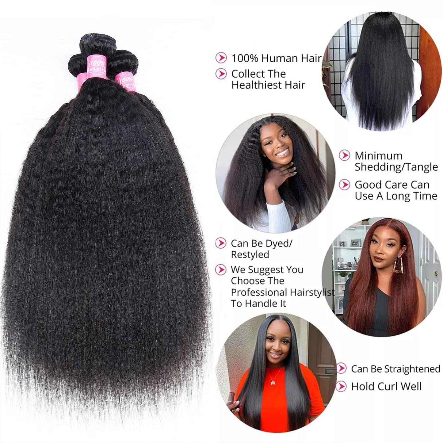 Kinky Straight Bundles with Closure Yaki Kinky Straight Human Hair 3 Bundles with 4x4 Lace Closure Unprocessed Brazilian Virgin Human Hair Weave Extensions Natural Color (14 16 18+12 closure)