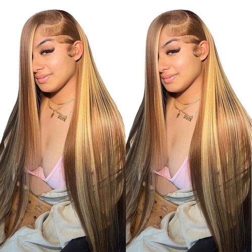 Cypha Ombre Lace Front Wig Human Hair Highlight 13x6 HD Straight Lace Front Wigs 180% Density 4/27 Colored Honey Blonde HD Lace Frontal Wigs For Women Glueless Pre Plucked with Baby Hair 30inch