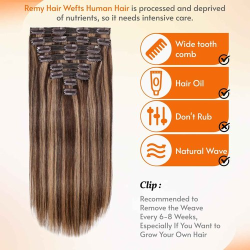 VKHAIR Clip in Hair Extensions Real Human Hair 20 inch, 8Pcs/120g Human Hair Clip in Extensions, Seamless Clip in Hair Extensions Human Hair #4/27 Medium Brown/Dark Blonde, 20 Inch