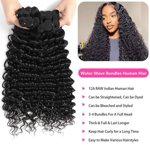 Ladiaryf Water Wave Bundles Human Hair Soft Brazilian Virgin Human Hair 100% Unprocessed Wet and Wavy Curly Bundles Natural Black Color Can Be Dyed Total 300g 16 18 20 Inch