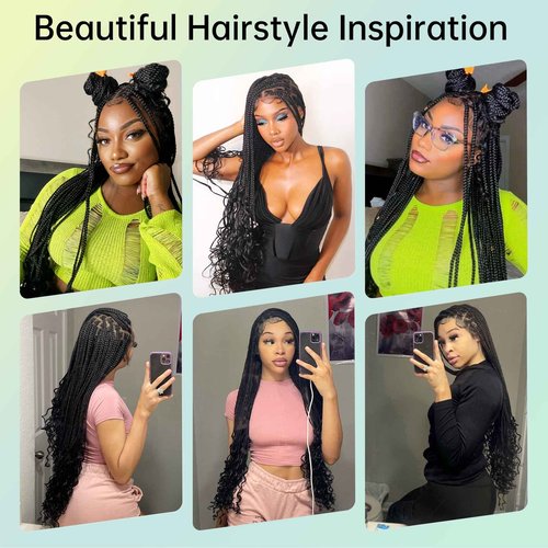 Fecihor 36 Inch 13X8 HD Lace Front Box Braided Wigs With Boho Curly Ends Knotless Braided Wig For Women Premium Synthetic Braids Lace Front Wig With Baby Hair Natural Black