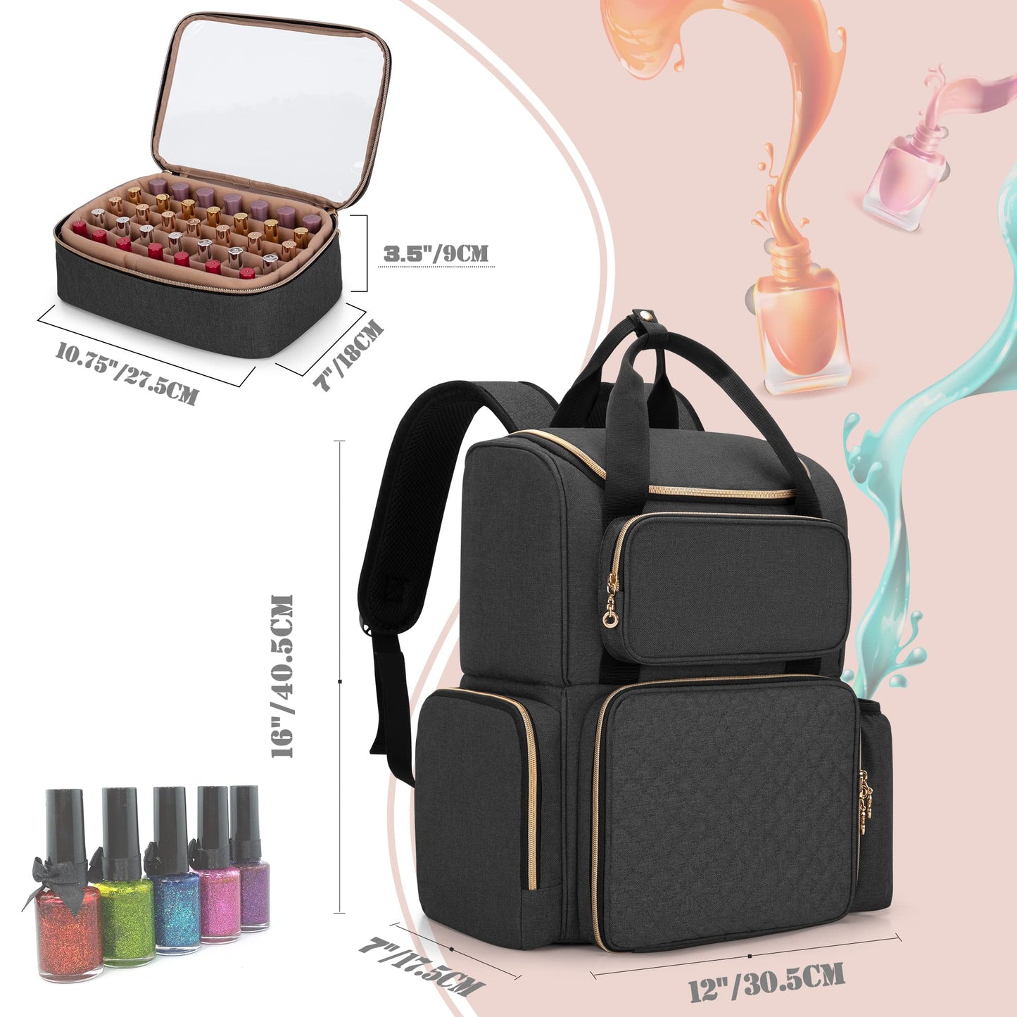 LUXJA Nail Polish Organizer (Backpack Version) Holds 70 Bottles and a Nail Lamp, Travel Nail Bag with 2 Removable Cases and Tools Storage Pockets (Patent Pending), Black