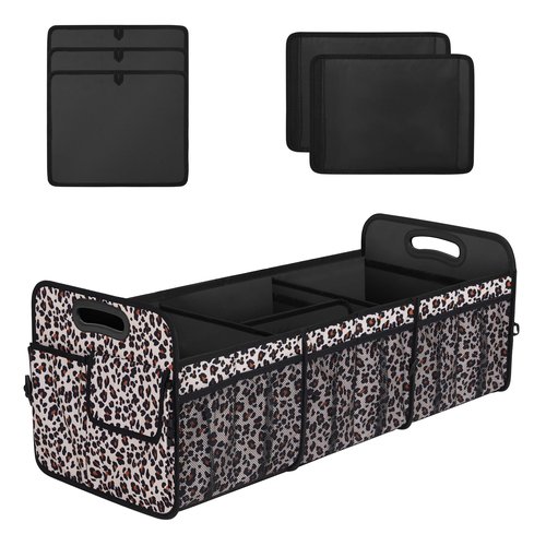 Femuar Collapsible Trunk Organizer - 90L Large Capacity with 15 Pockets, Waterproof for SUV/Car/Jeep/Sedan, Extra Large Leopard Print