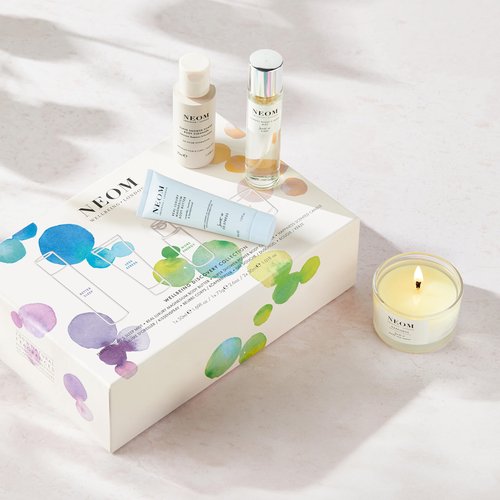 NEOM- Wellbeing Discovery Collection | Perfect Night's Sleep Pillow Mist, Happiness Travel Candle, Real Luxury Magnesium Body Butter & Super Shower Power Cleanser | Gift Set