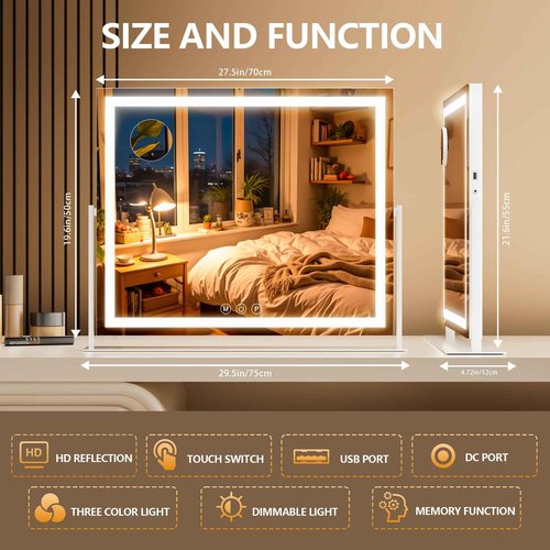 Batuso Vanity Mirror with Lights, 30'' x 22'' Lighted Makeup Mirror, Touch Screen with 3-Color Lighting, Dimmable for Vanity Desk Tabletop Square White