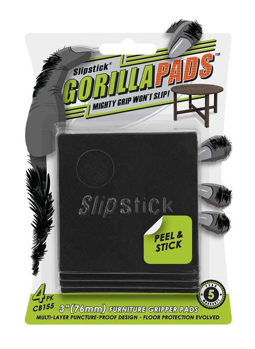 Slipstick GorillaPads Non Slip Furniture Pads/Gripper Floor Protectors (Set of 4) 3 Inch Square Self Adhesive Rubber Stoppers for Furniture Legs, CB155