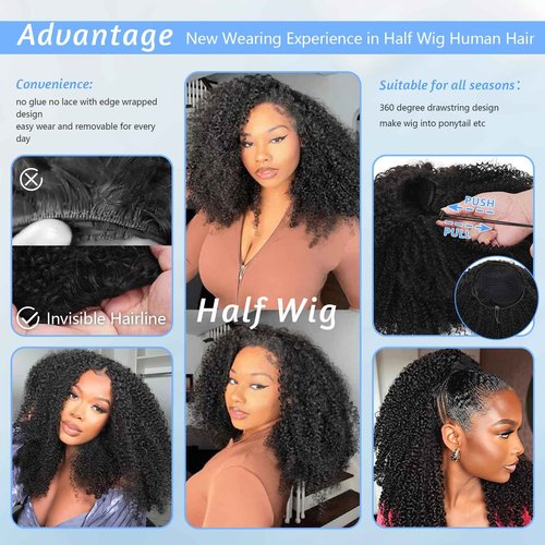 CUMASE Kinky Curly Half Wig Human Hair 200 Density 3 In 1 Seamless Flip Over Half Wig 20 Inch Glueless Wig with Drawstring No Lace for Women Beginner Friendly