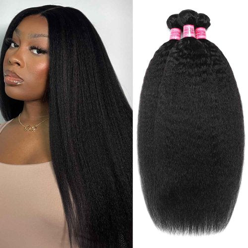 Releek Kinky Straight Hair Bundles Yaki Straight 3 Bundles Human Hair 16 18 20 Inch 12A 100% Unprocessed Brazilian Kinkycurly Bundles Human Hair Weave Bundles Human Hair Extensions Natural Black