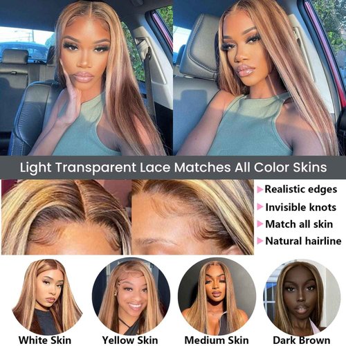 ALHER Honey Blonde Highlight Small Cap 13x4 Lace Front Human Hair Wigs Pre Plucked with Baby Hair Straight 4/27 Balayage Color Transparent Lace Frontal Wig Soft Thick 12A Brazilian Remy Hair 14 Inch