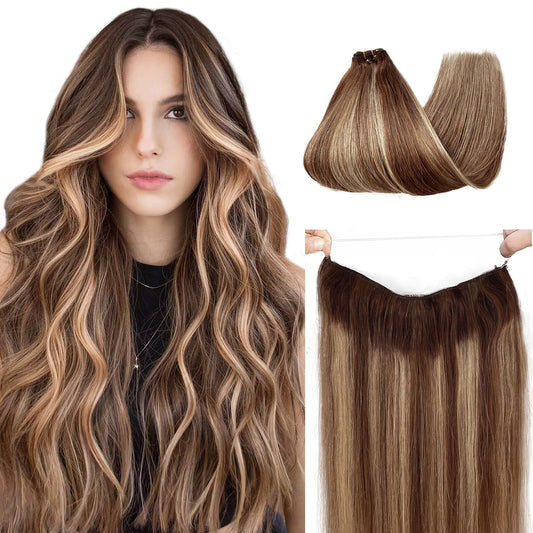 Human Hair Halos Extensions Blonde Highlighted 20 Inch 100g Halos Hair Extensions Real Human Hair Brown with Blonde Balayage Filp in Remy Hair Extensions