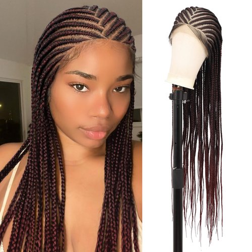 Lexqui 36 Inch Cornrow Braided Wigs 13X8 HD Lace Front Braid Wig for Women Braided Lace Front Wigs Middle Parted Box Braid Wig Synthetic Hair Full Lace Burgundy Red